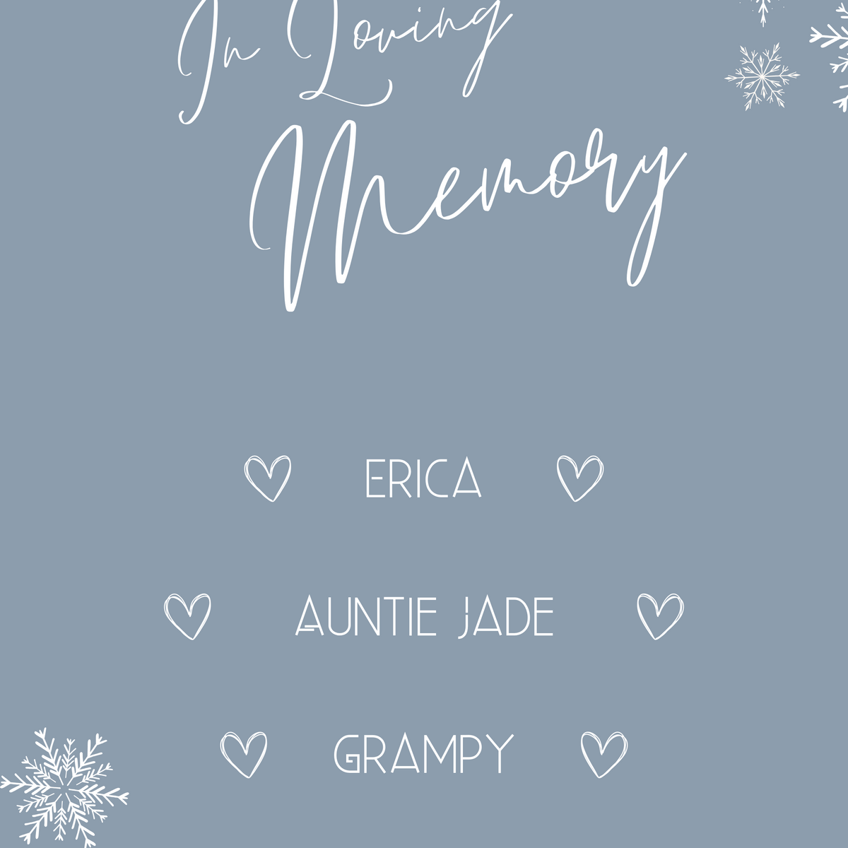 winter dusty blue in loving memory table sign for wedding | winter wedding sign | snowflakes wedding signage