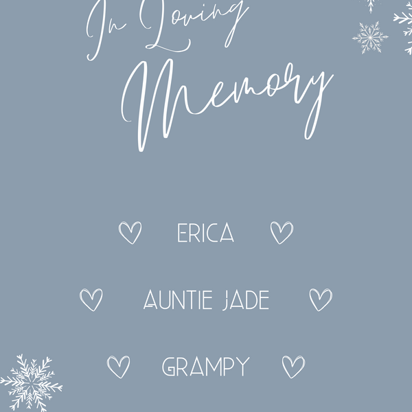 winter dusty blue in loving memory table sign for wedding | winter wedding sign | snowflakes wedding signage