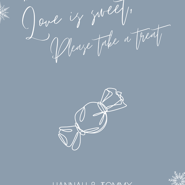 snowflakes dusty blue love is sweet sign - wedding sweet table sign - love is sweet please take a treat sign for wedding