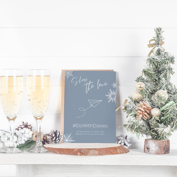 dusty blue snowflakes winter wedding hashtag sign - hashtag share the love wedding sign uk - custom wedding hashtag