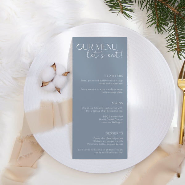 dusty blue wedding menu - custom wedding menu for winter wedding - personalised wedding menu UK