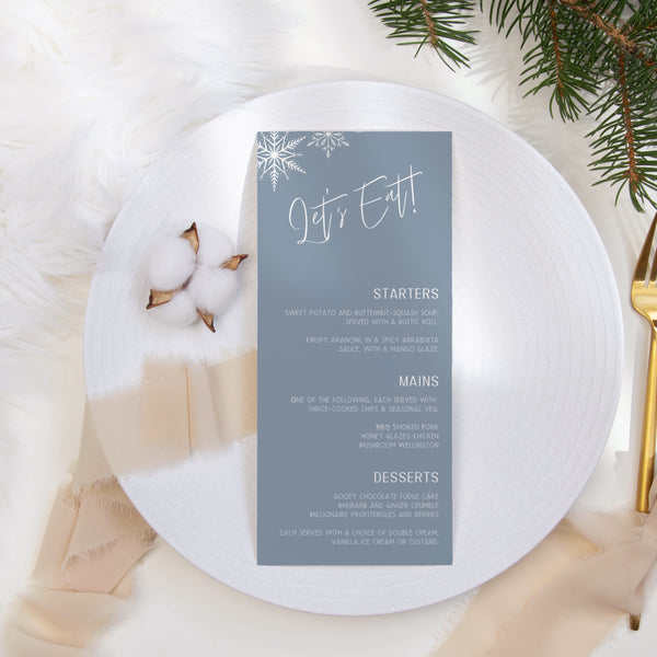 dusty blue snowflakes wedding menu - custom wedding menu for winter wedding - personalised wedding menu UK