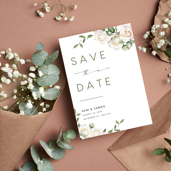 White Roses Floral Save The Date