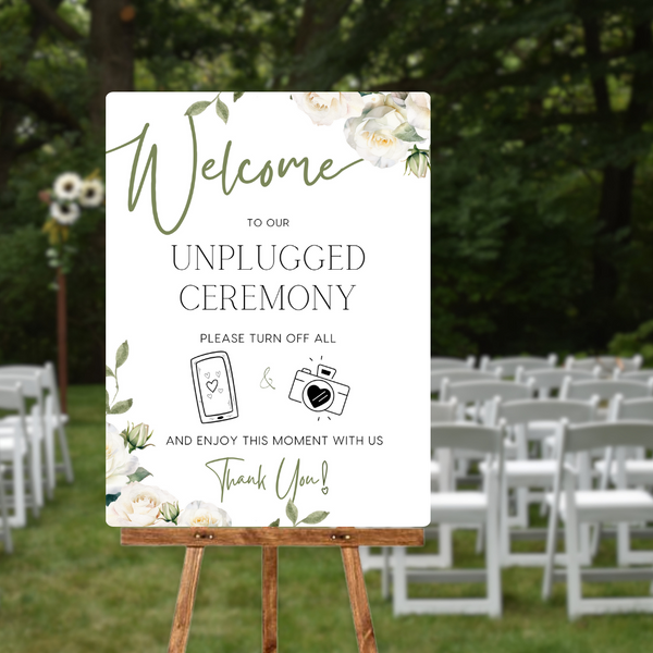White Roses Floral Unplugged Ceremony Sign