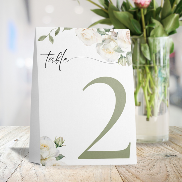 white roses floral table number for wedding tables - luxury wedding table numbers personalised