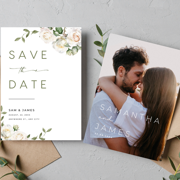 White Roses Floral Save The Date