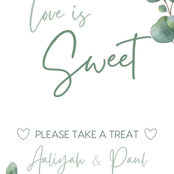 eucalyptus wedding sweet table sign - personalised love is sweet sign