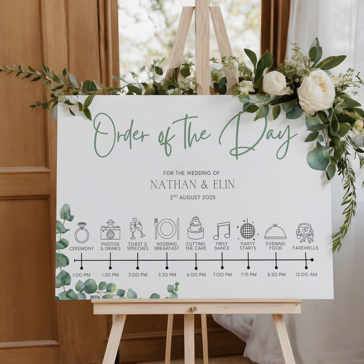 eucalyptus design order of the day sign - personalised wedding board order of events, in a sophisticated green eucalyptus design.