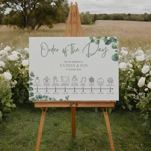 eucalyptus design order of the day sign - personalised wedding board order of events, in a sophisticated green eucalyptus design.