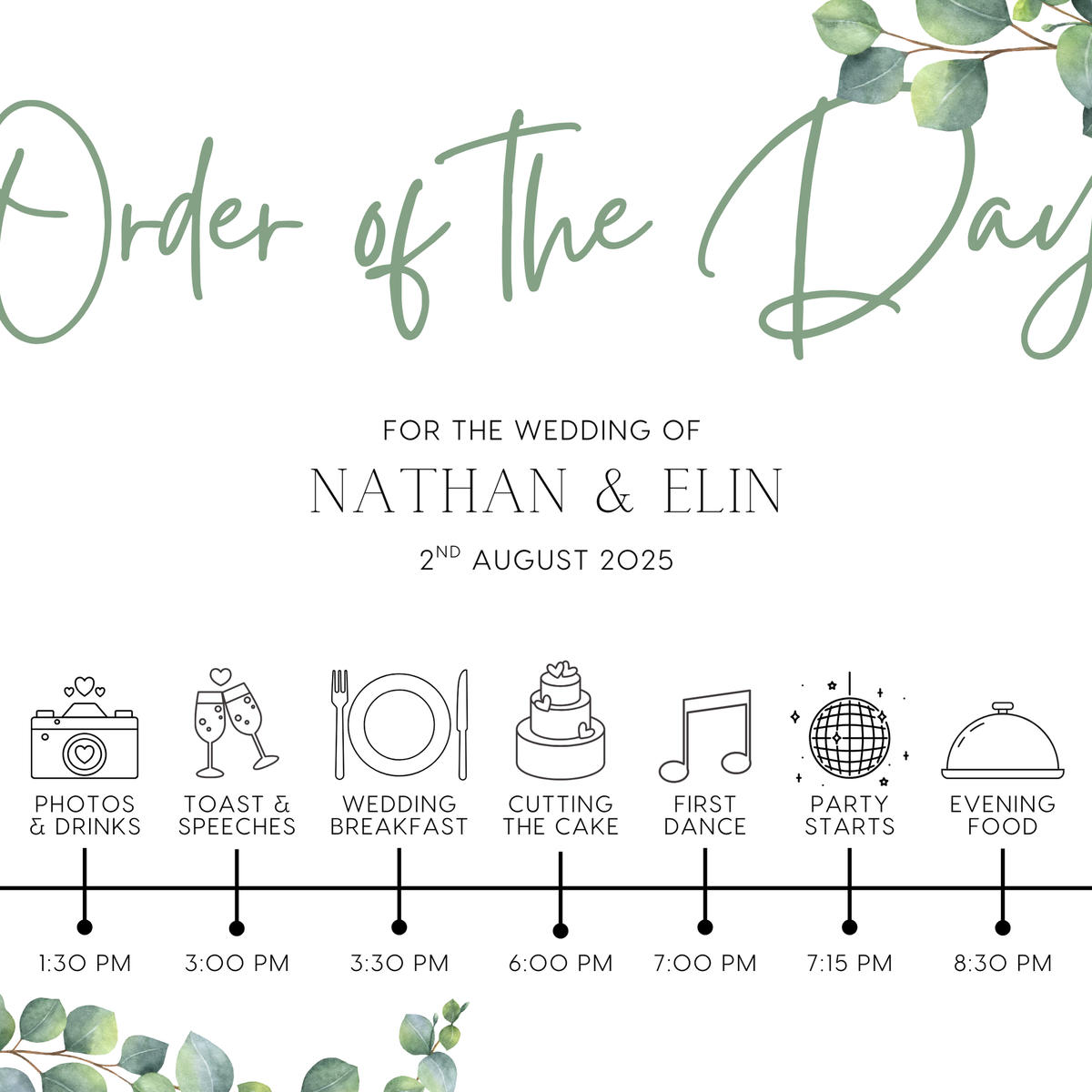eucalyptus design order of the day sign - personalised wedding board order of events, in a sophisticated green eucalyptus design.