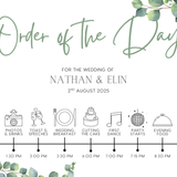 eucalyptus design order of the day sign - personalised wedding board order of events, in a sophisticated green eucalyptus design.