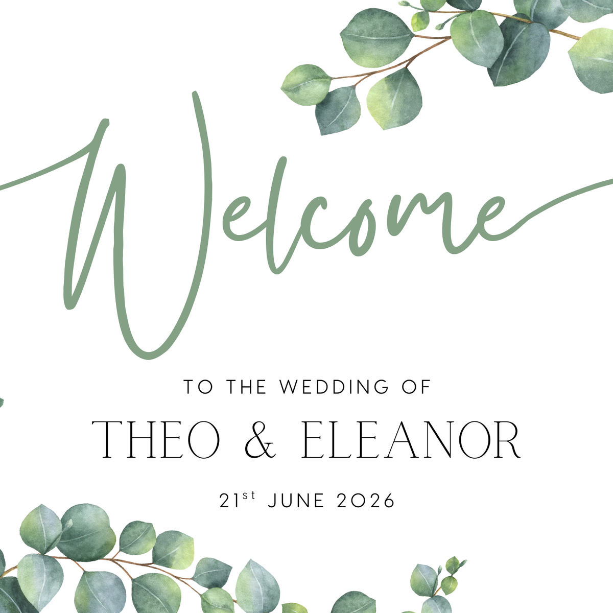 Landscape Eucalyptus Wedding Welcome Sign - Personalised Wedding Welcome Sign with Eucalyptus leaves and foliage design. Elegant Wedding Signage