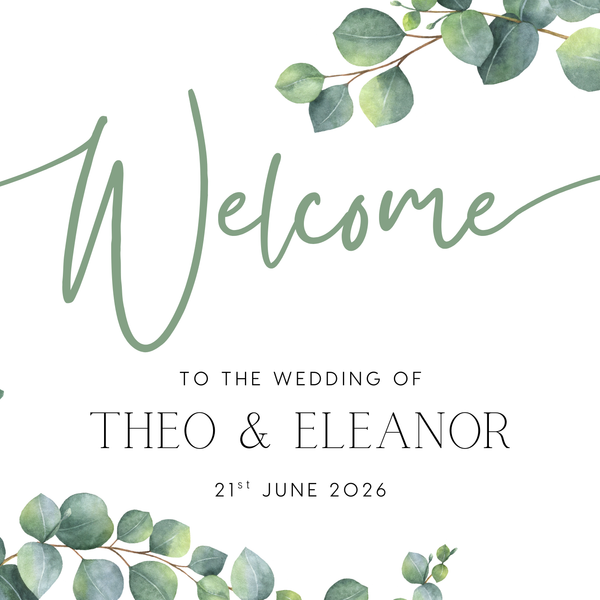 Landscape Eucalyptus Wedding Welcome Sign - Personalised Wedding Welcome Sign with Eucalyptus leaves and foliage design. Elegant Wedding Signage