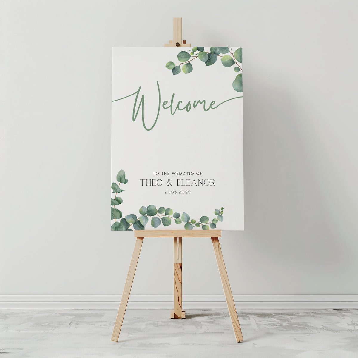 Eucalyptus Wedding welcome sign - a personalised wedding welcome board, adorned with eucalyptus foliage watercolour designs, and elegant green typography. The perfect blend of understated elegance and natural beauty.