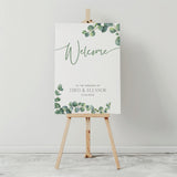 Eucalyptus Wedding welcome sign - a personalised wedding welcome board, adorned with eucalyptus foliage watercolour designs, and elegant green typography. The perfect blend of understated elegance and natural beauty.