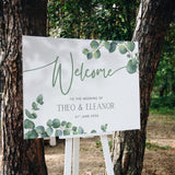 Landscape Eucalyptus Wedding Welcome Sign - Personalised Wedding Welcome Sign with Eucalyptus leaves and foliage design. Elegant Wedding Signage