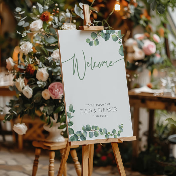 Eucalyptus Wedding welcome sign - a personalised wedding welcome board, adorned with eucalyptus foliage watercolour designs, and elegant green typography. The perfect blend of understated elegance and natural beauty.