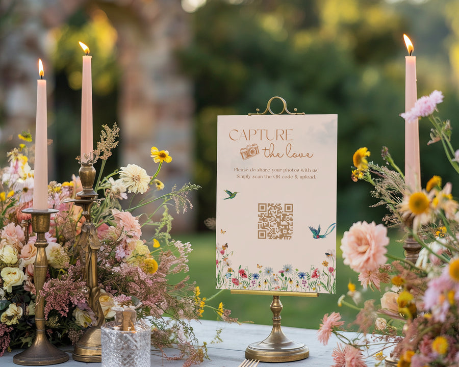 Fairytale floral photo sharing qr code sign for wedding tables - luxury wedding table signage for guests to share photos