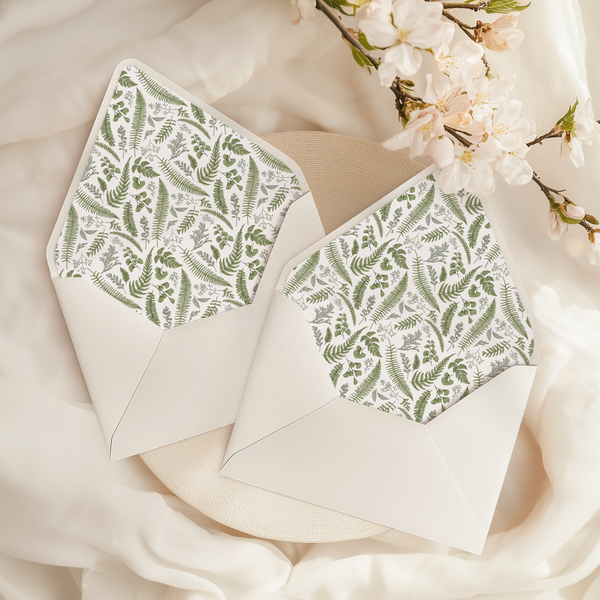 A flat lay of elegant wedding invitation envelopes, partially open to reveal beautifully designed envelope liners in various styles, including floral, modern, and classic patterns. The envelope inserts add a touch of luxury and sophistication to the stationery set.