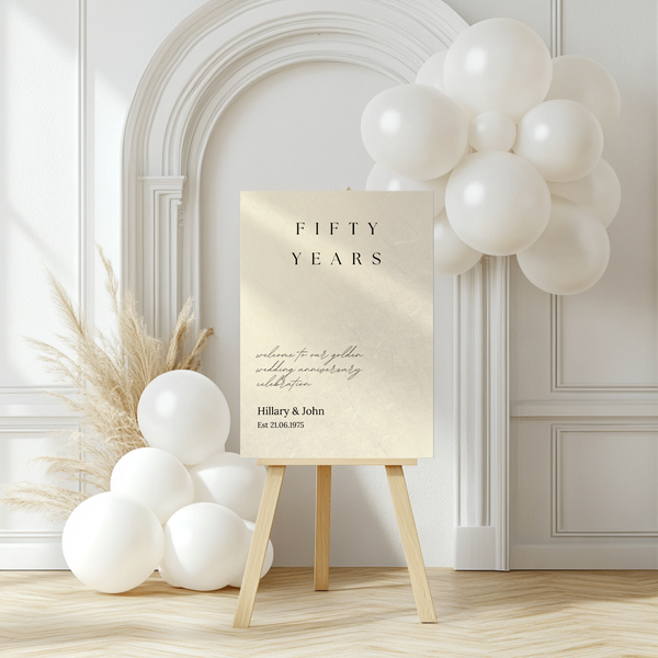 fifty Years golden Anniversary Sign - Customizable Anniversary Welcome Board – A personalized anniversary sign with editable text, showcasing a modern and stylish layout.