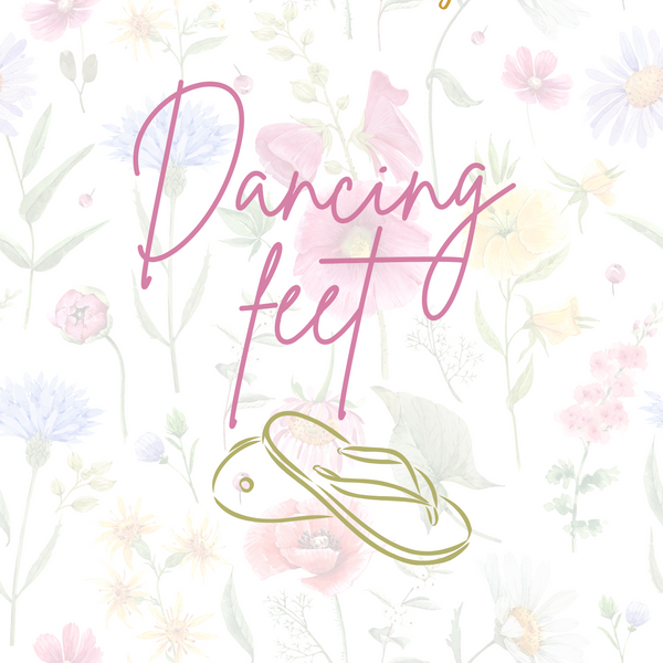 A stylish wedding sign reading "A little treat for your dancing feet, please take a pair", displayed next to a basket of flip-flops for guests. The design features elegant typography, perfect for a wedding reception.