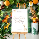 Personalised Christening Welcome Sign – A beautifully designed welcome sign featuring the baby’s name and event details, displayed on an easel at a christening venue.