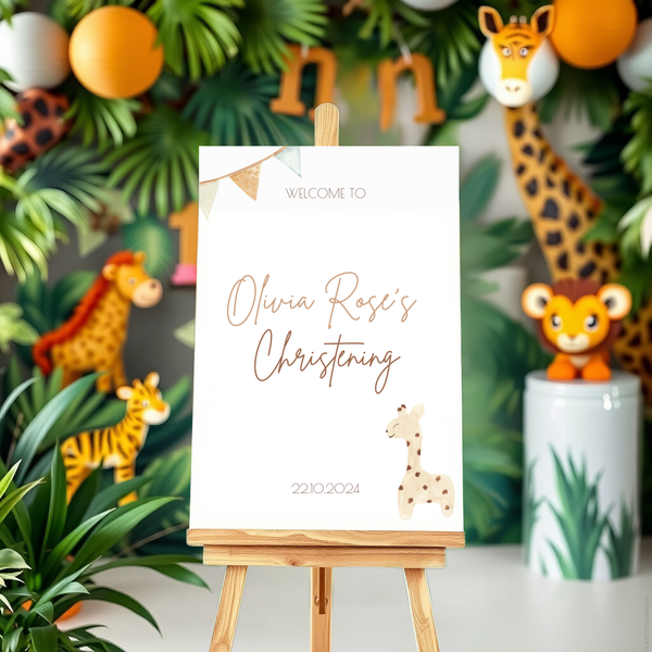Personalised Christening Welcome Sign – A beautifully designed welcome sign featuring the baby’s name and event details, displayed on an easel at a christening venue.