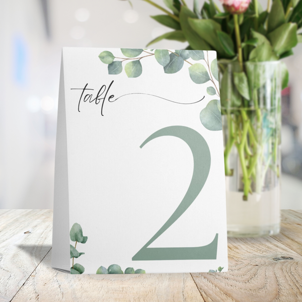green eucalyptus table tent number for wedding tables - luxury wedding table numbers personalised