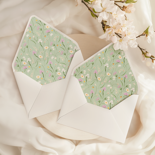 A flat lay of elegant wedding invitation envelopes, partially open to reveal beautifully designed envelope liners in various styles, including floral, modern, and classic patterns. The envelope inserts add a touch of luxury and sophistication to the stationery set.
