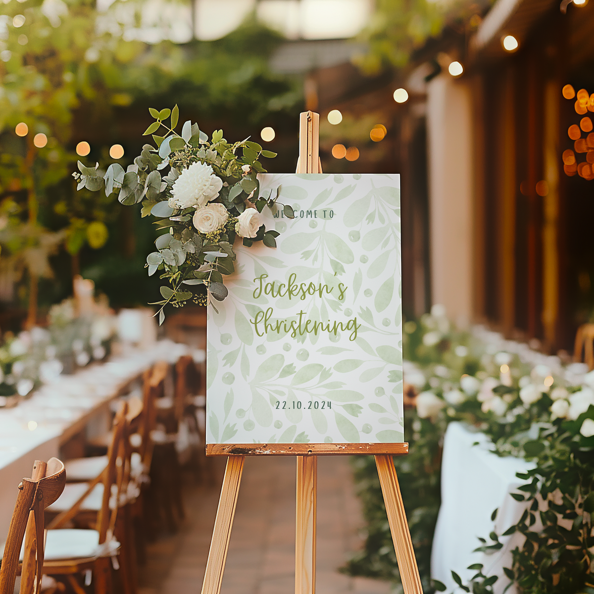 Personalised Christening Welcome Sign – A beautifully designed welcome sign featuring the baby’s name and event details, displayed on an easel at a christening venue.