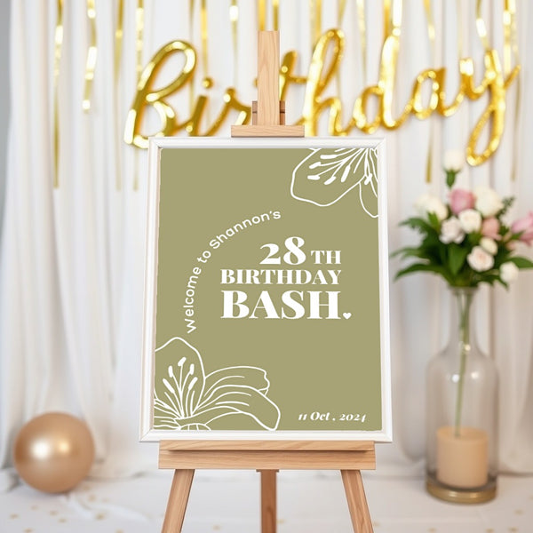 Birthday Welcome Sign - Olive Green Abstract