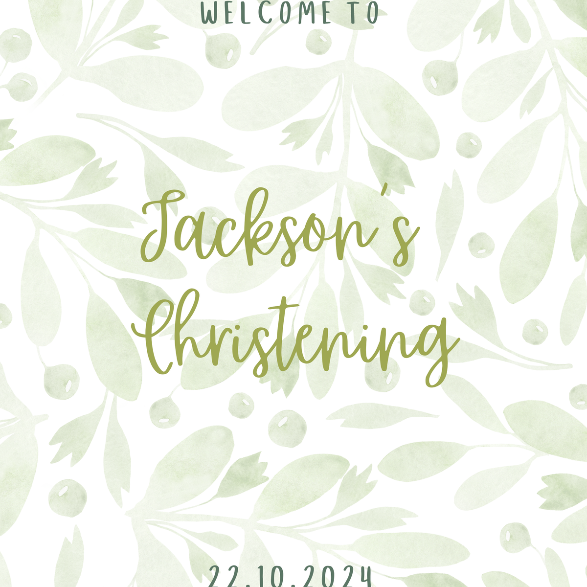 Personalised Christening Welcome Sign – A beautifully designed welcome sign featuring the baby’s name and event details, displayed on an easel at a christening venue.