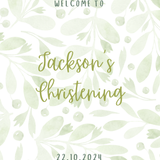Personalised Christening Welcome Sign – A beautifully designed welcome sign featuring the baby’s name and event details, displayed on an easel at a christening venue.