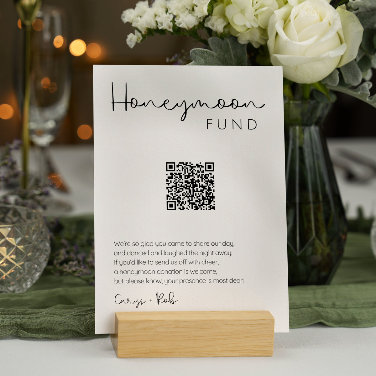 Minimalist Honeymoon Fund sign with romantic rhyme and QR code for wedding gift table – printable wedding sign.