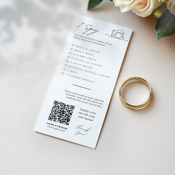 I Spy wedding pocket-sized photo game for guests - I spy wedding game cards - photo challenge for wedding guests with QR code upload.