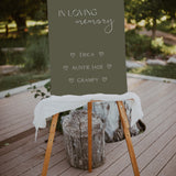 winter green in loving memory table sign for wedding | winter wedding sign