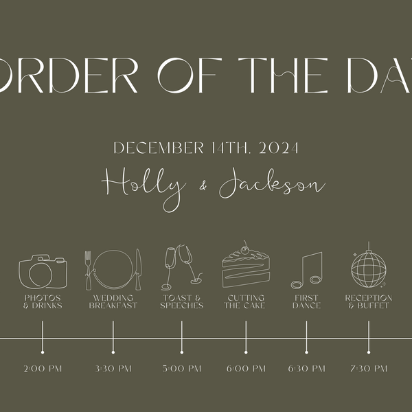 winter green order of the day wedding sign | custom order of the day | custom order of events winter wedding in khaki