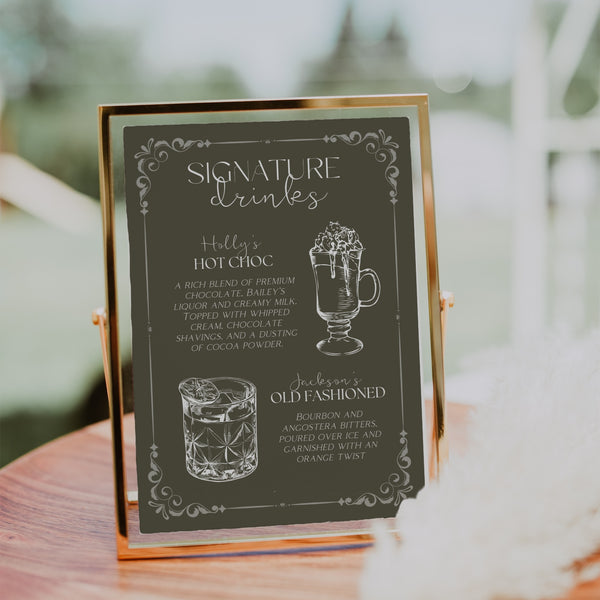 Khaki signature drinks sign for wedding - wedding signature cocktails sign - winter wedding signage