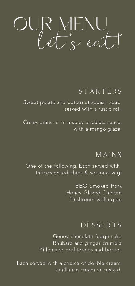 khaki wedding menu - custom wedding menu for winter wedding - personalised wedding menu UK