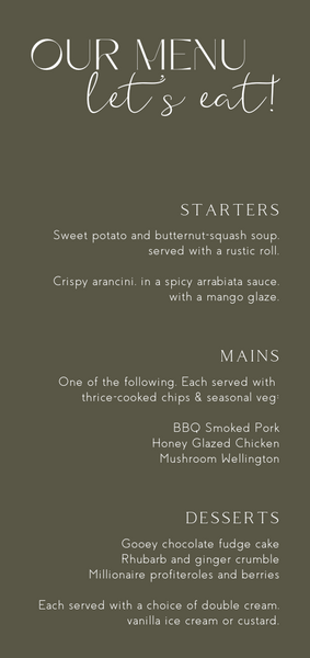 khaki wedding menu - custom wedding menu for winter wedding - personalised wedding menu UK