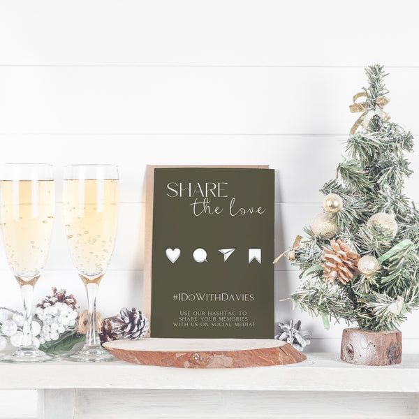 khaki winter wedding hashtag sign - hashtag share the love wedding sign uk - custom wedding hashtag