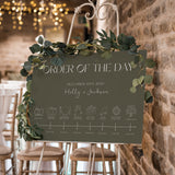 winter green order of the day wedding sign | custom order of the day | custom order of events winter wedding in khaki