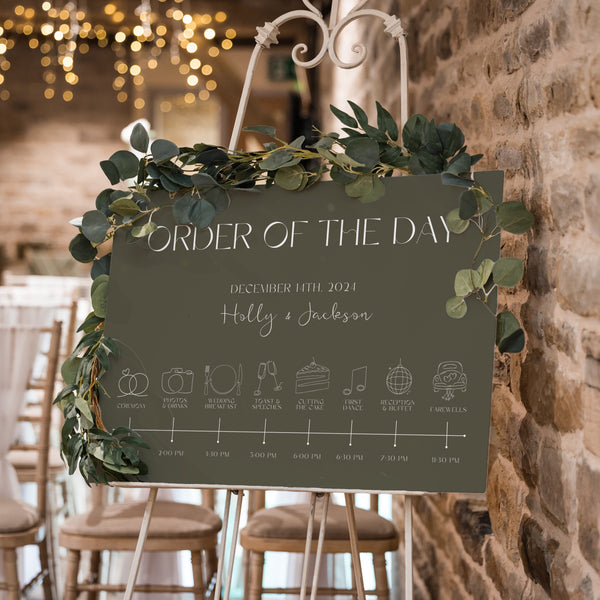 winter green order of the day wedding sign | custom order of the day | custom order of events winter wedding in khaki