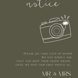 Khaki polite notice wedding sign | custom winter wedding signage | personalised wedding boards