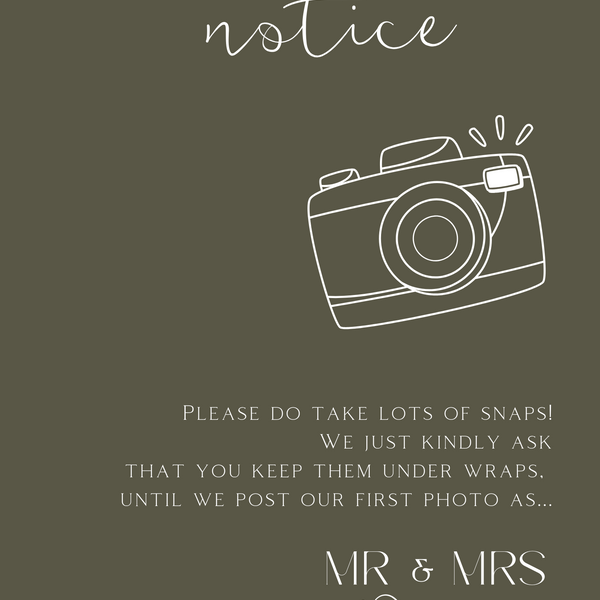 Khaki polite notice wedding sign | custom winter wedding signage | personalised wedding boards