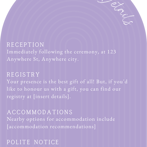 luxury arch shaped wedding invitations in lilac - fully personalised elegant wedding invitations premium