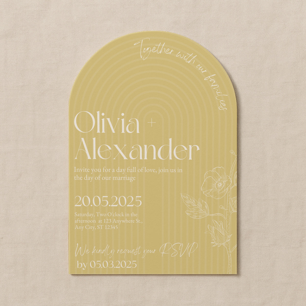 luxury arch shaped wedding invitations in butter yellow - fully personalised elegant wedding invitations premium