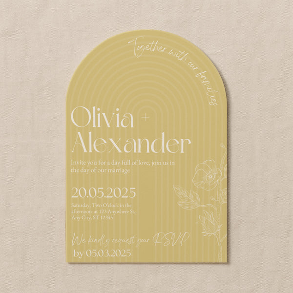 luxury arch shaped wedding invitations in butter yellow - fully personalised elegant wedding invitations premium