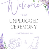 Lilac floral unplugged ceremony sign, in an elegant layout to impress your guests. Custom unplugged ceremony wedding board for unplugged wedding