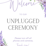 Lilac floral unplugged ceremony sign, in an elegant layout to impress your guests. Custom unplugged ceremony wedding board for unplugged wedding
